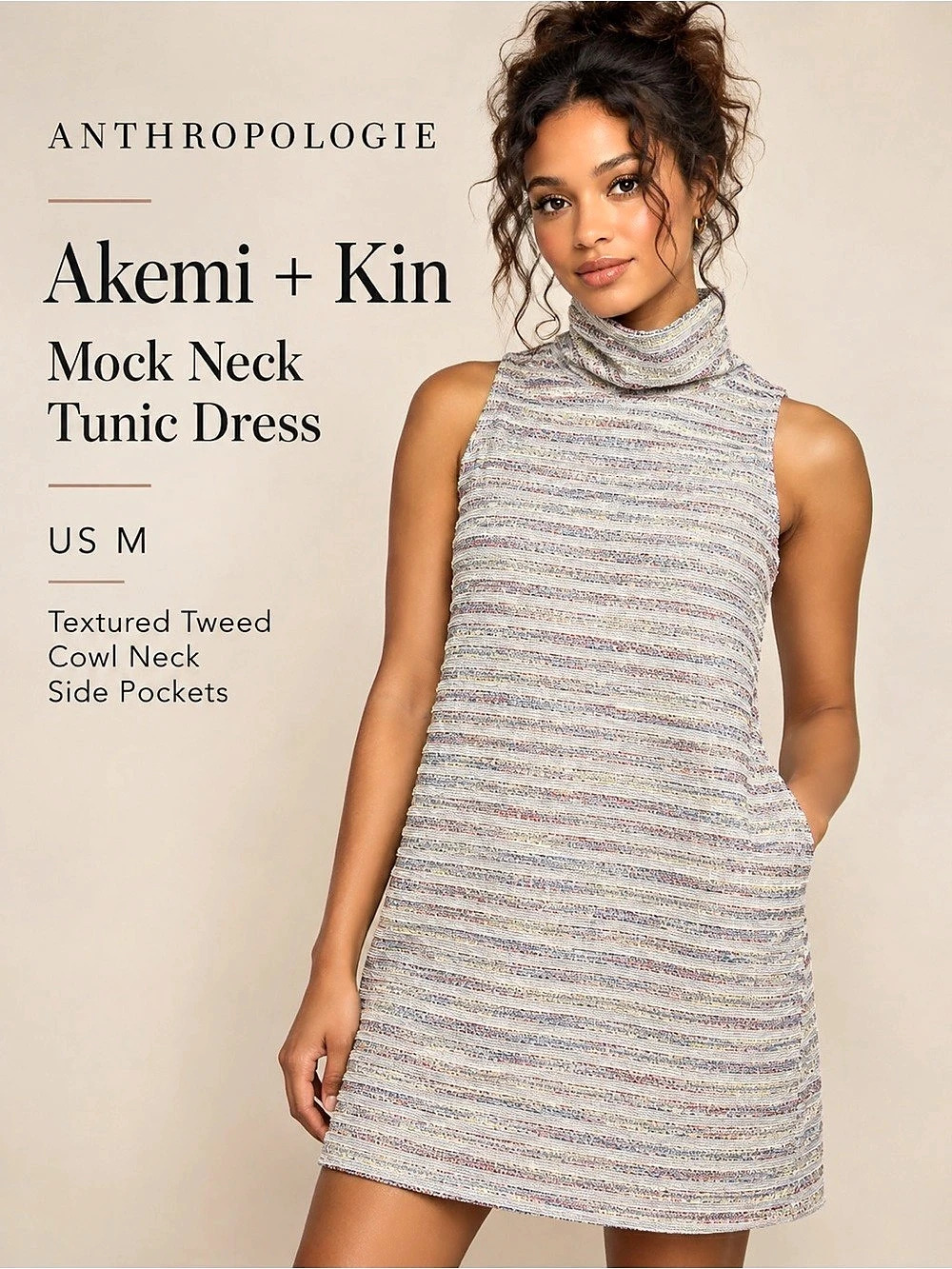 Anthropologie Akemi + Kin Mock Neck Tunic Dress Multicolor Striped M